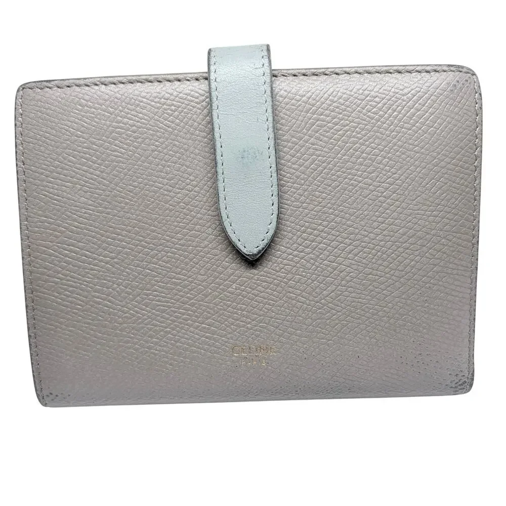 Celine Medium Strap Wallet Bicolor Grained Calfskin Greige Blue w/ Box